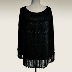 Land’s End Knitted cotton fringe Cable knit oversize Chunky Poncho black onesize